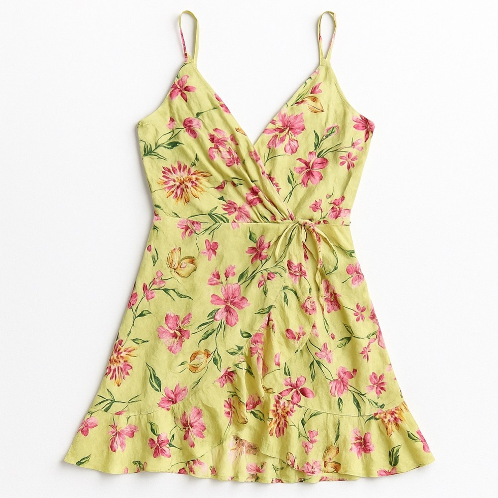 NWOT Lulus Sunny Spell Lime Floral Jacquard Wrap Mini Dress | S | Island Wedding